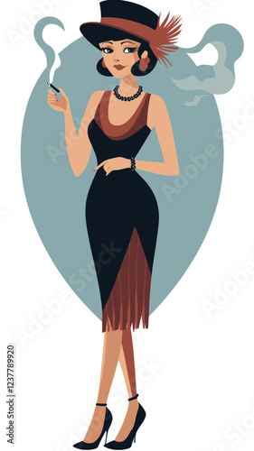 Vintage Flapper Woman Smoking in Glamorous 1920s Style Attire with Cigarette Holder