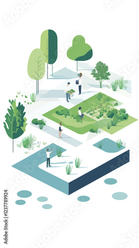 Urban Planners Designing Sustainable Green Space with Maps in Minimalist Vector Art