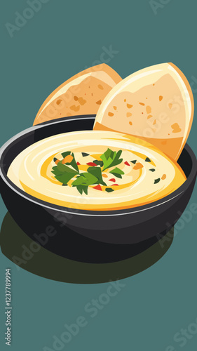 Minimalist Flat Vector of Creamy Hummus with Pita Bread for Culinary Themes