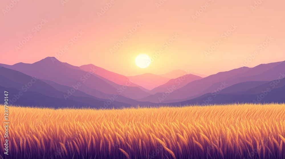 Obraz premium Golden field sunset, mountain backdrop, idyllic landscape, travel brochure