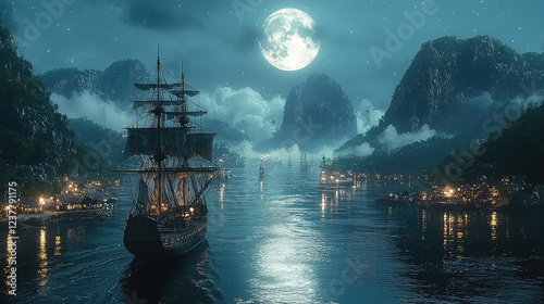 A majestic galleon sails through a moonlit bay, past a coastal village nestled among dramatic mountains under a starry sky.
