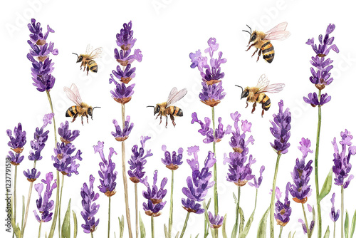 The image features vibrant lavender flowers with bees actively pollinating them.