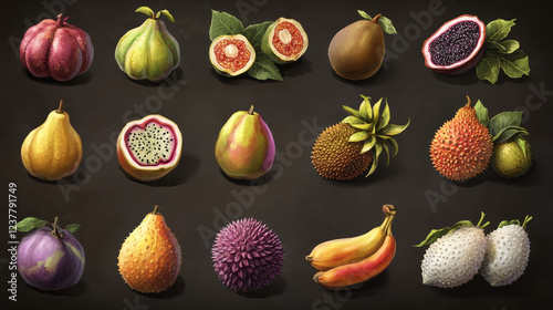 Tropical fruits vector sketch, isolated orchard harvest exotic lychee, mangosteen, fig and dragon, passion fruit or pitahaya, carambola or durian, papaya and guava. Engraved tropic fruit crop set photo