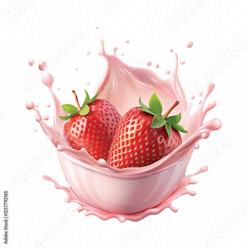 realistic 3d milk or yogurt splash with strawberries isolated on white background