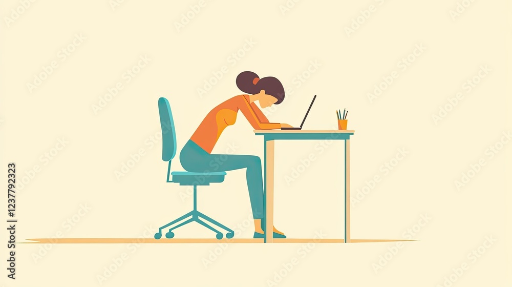 Fototapeta premium Freelancer stretching at a desk, laptop open, ergonomic chair, maintaining work-life balance.