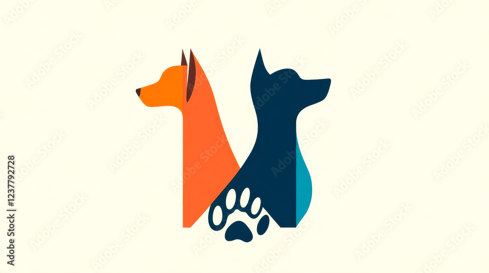 Naklejka premium A vibrant logo featuring two stylized dogs in orange and blue, with a paw print symbolizing pet care or dog services.