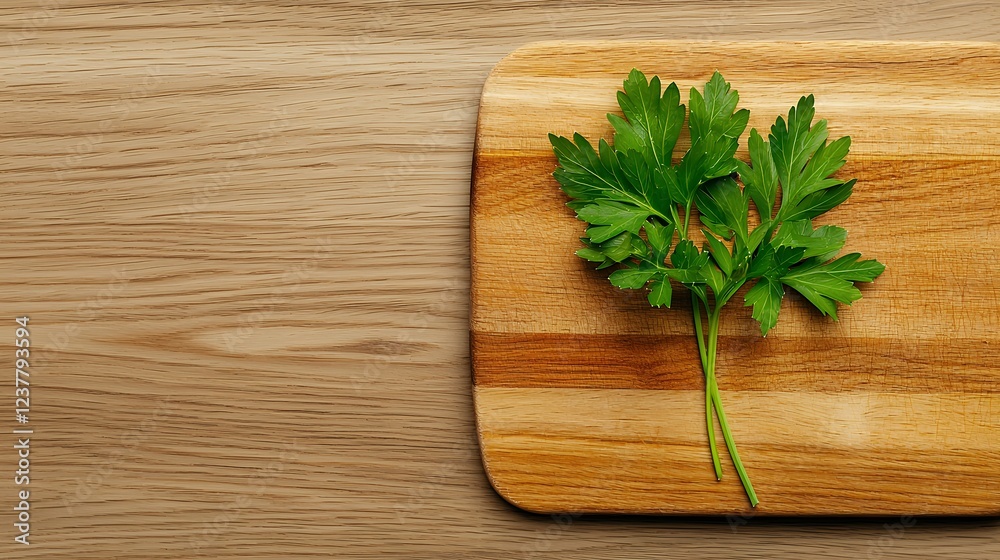 Fresh Parsley Sprig on Wooden Cutting Board Fresh Parsley Sprig on Wooden Cutting Board