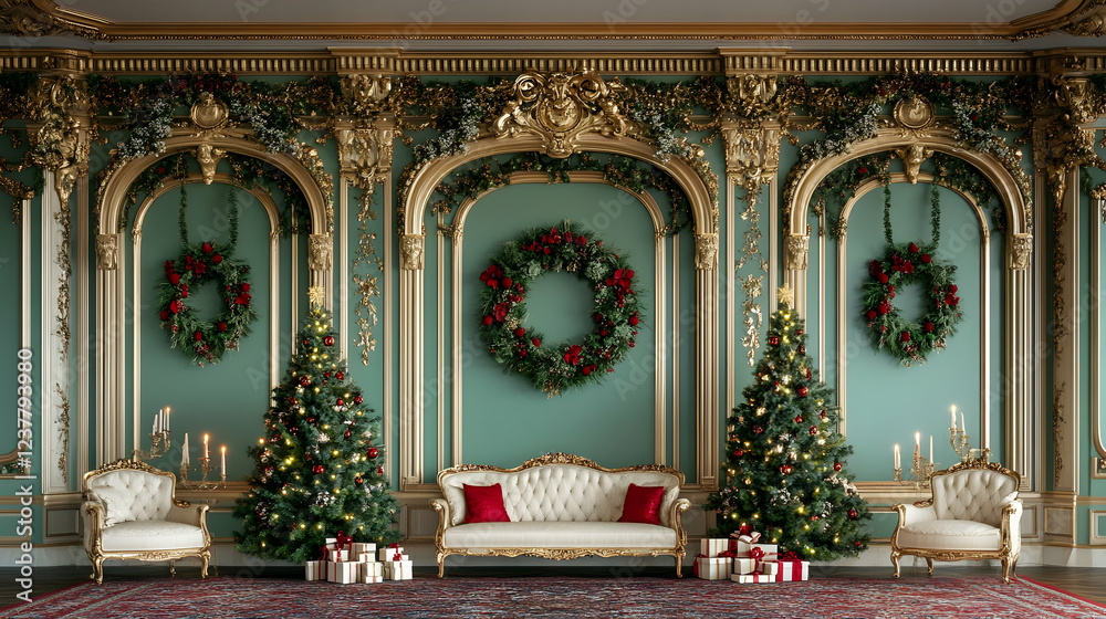 Obraz premium Elegant Christmas room, ornate walls, gifts