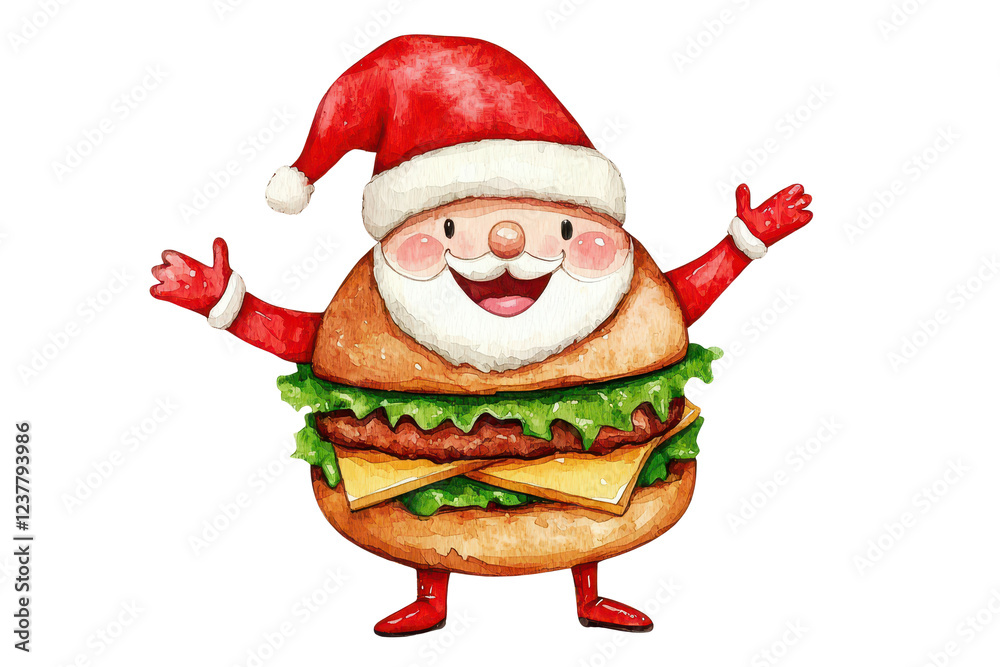 A cheerful Santa Claus-themed hamburger with a festive hat, smiling and displaying arms, surrounded by toppings like lettuce and cheese. A cheerful Santa Claus-themed hamburger with a festive hat, smiling and displaying arms, surrounded by toppings like lettuce and cheese.