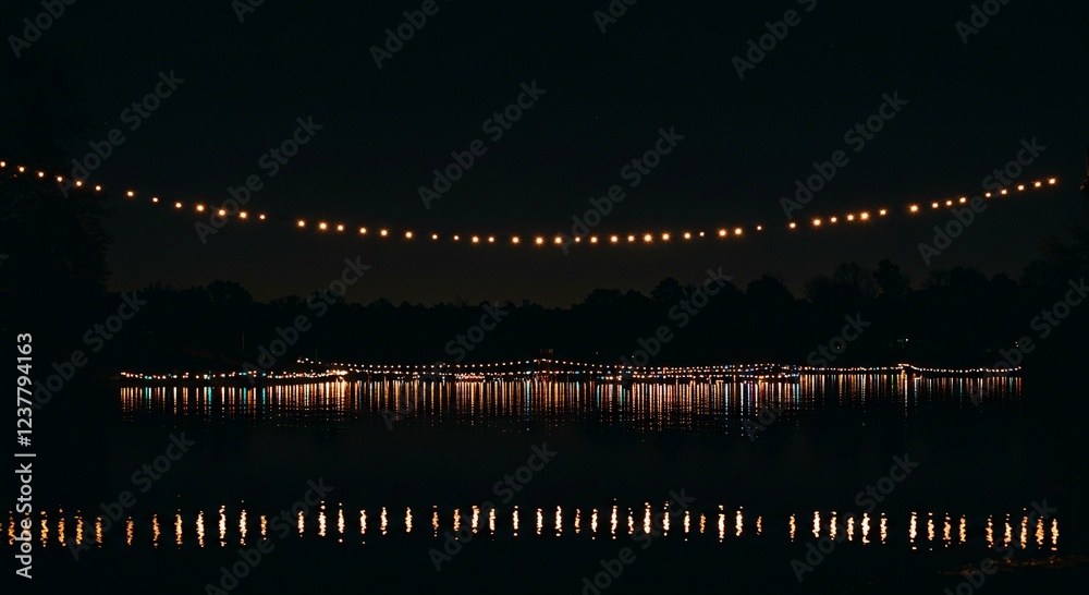 Fototapeta premium Nighttime Lake Scene with String Lights Reflecting on Calm Water Illuminated Shoreline