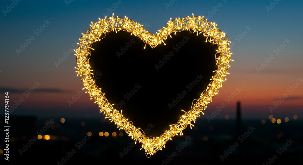 Naklejka premium Romantic Heart Shaped String Lights at Sunset Cityscape Background