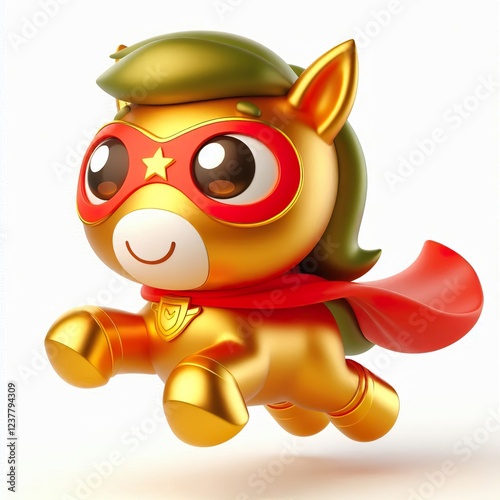 Golden Superhero Pony 3D Render, Mascot, Cartoon, Flying, Cape, Red, green, Power, Brave, Legend on a white background