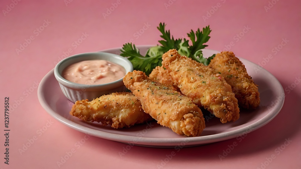 A shiny Chicken Tenders against a pink background. A shiny Chicken Tenders against a pink background.