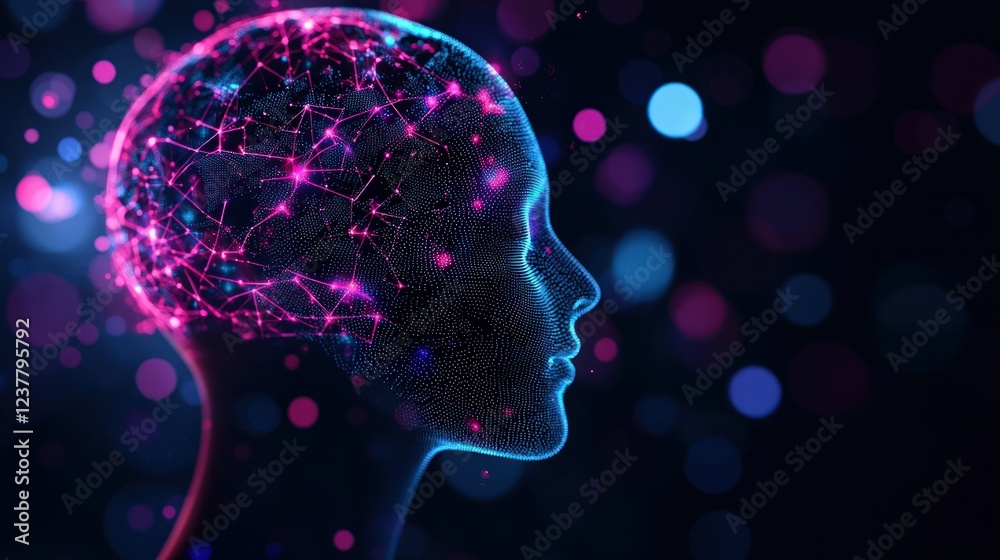 Abstract Representation of a Glowing Human Head with Colorful Particles and Neon Effects Abstract Representation of a Glowing Human Head with Colorful Particles and Neon Effects