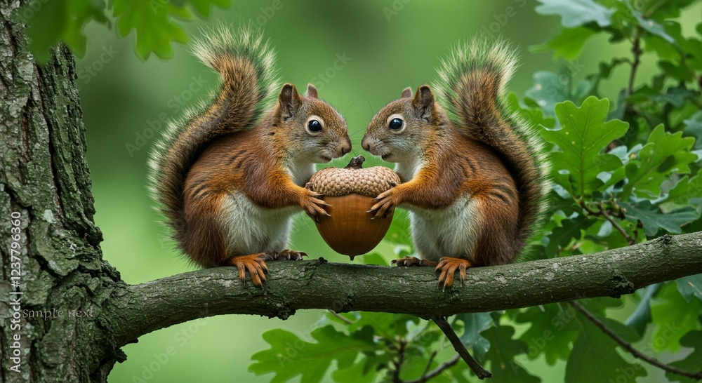 Two Adorable Red Squirrels Sharing an Acorn on a Tree Branch in a Lush Green Forest