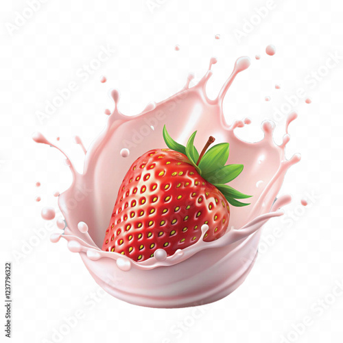 realistic 3d milk or yogurt splash with strawberries isolated on white background