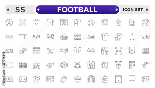 Football outline icon set. Soccer. Kicking a ball, team, rule, goal, players, medal, football, basketball, cycling, athlete, racket, table tennis, sparing, gym, weight training, golf, volleyball.