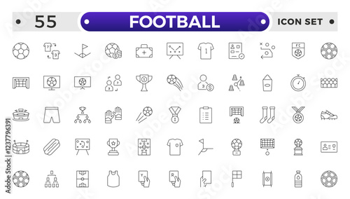 Football outline icon set. Soccer. Kicking a ball, team, rule, goal, players, medal, football, basketball, cycling, athlete, racket, table tennis, sparing, gym, weight training, golf, volleyball.