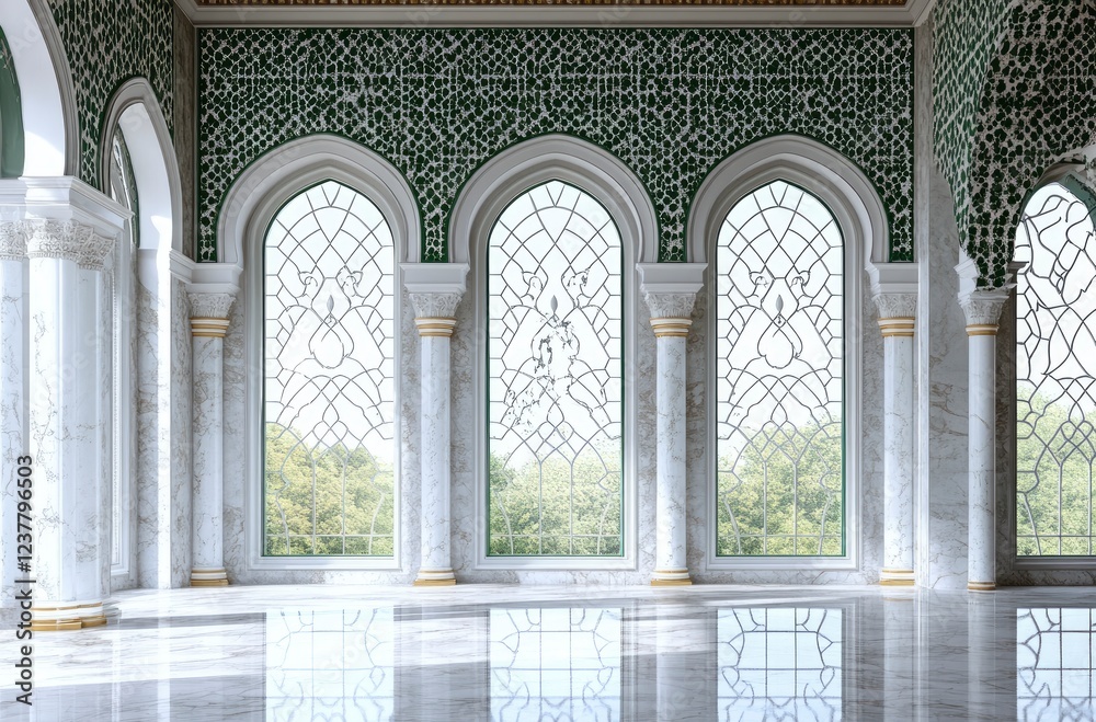 Obraz premium A realistic photograph of an Islamic-style wall with three arched windows, each adorned in intricate green and white patterns.