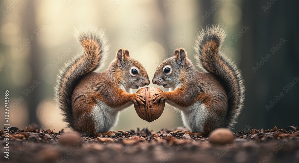 Obraz premium Two Adorable Red Squirrels Sharing a Walnut in Autumn Forest Setting
