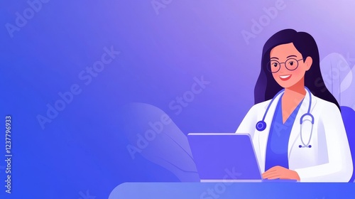 Smiling female doctor working on a laptop in a modern office with a calming blue background