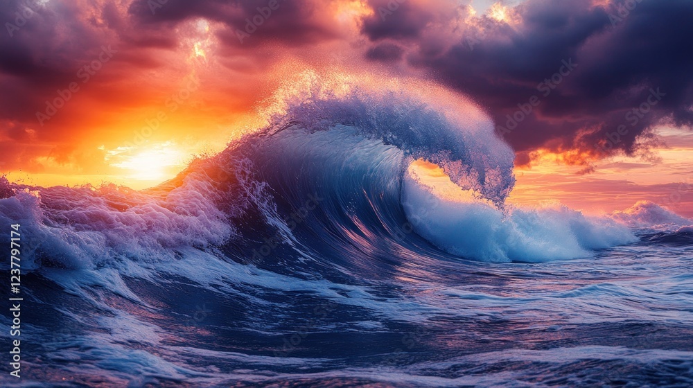 Fototapeta premium Majestic Ocean Wave at Sunset: A breathtaking spectacle of nature's power and beauty, vibrant colors painting the sky and sea.