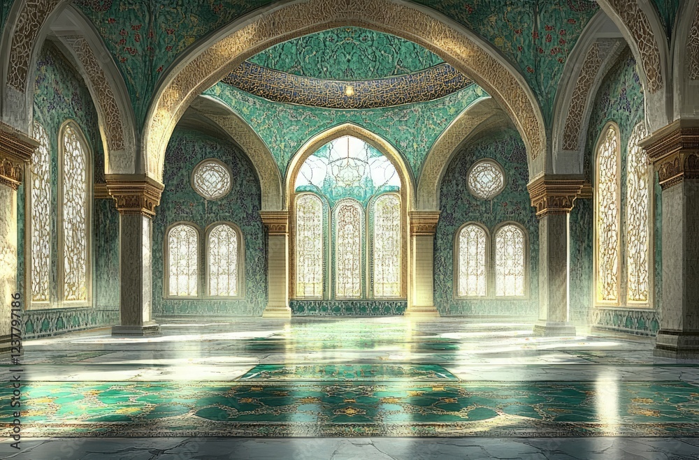 A realistic photograph of an Islamic-style wall with three arched windows, each adorned in intricate green and white patterns. A realistic photograph of an Islamic-style wall with three arched windows, each adorned in intricate green and white patterns.