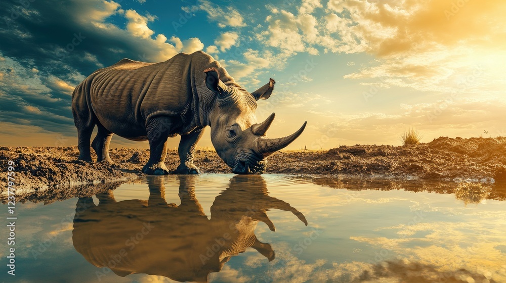Fototapeta premium Rhinoceros drinking water from a muddy pond, reflecting the sky above.