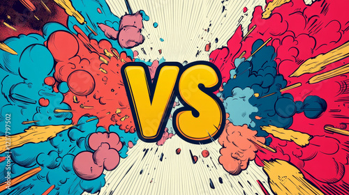 Comic VS or Versus vector design of comics book battle, superhero fight and sport game competition. VS letters isolated on transparent background with pop art boom bubble, bomb explosion, lightnings photo