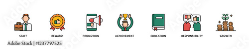 Employee motivation icon set flow process which consists of staff, reward, promotion, achievement, education, responsibility and growth icon live stroke and easy to edit .