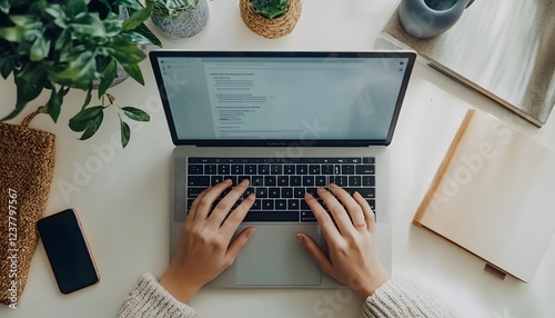 Woman Working on Laptop with Plants and Books Nearby