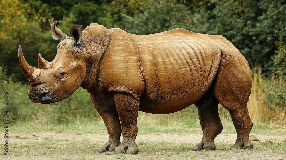 Fototapeta premium Side profile of a rhinoceros, highlighting its horn and rough skin texture.