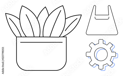 Potted plant with large leaves on bottom left, plastic shopping bag top right, mechanical gear bottom right. Ideal for sustainability, environment, shopping, technology, growth, industry