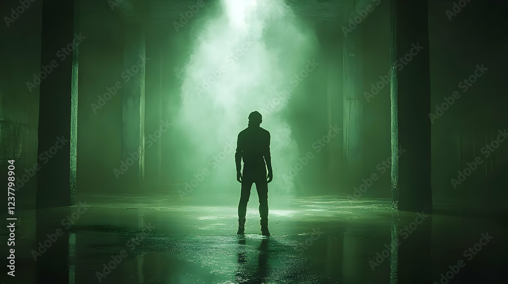 Silhouette man, smoky warehouse, mystery, film noir Silhouette man, smoky warehouse, mystery, film noir