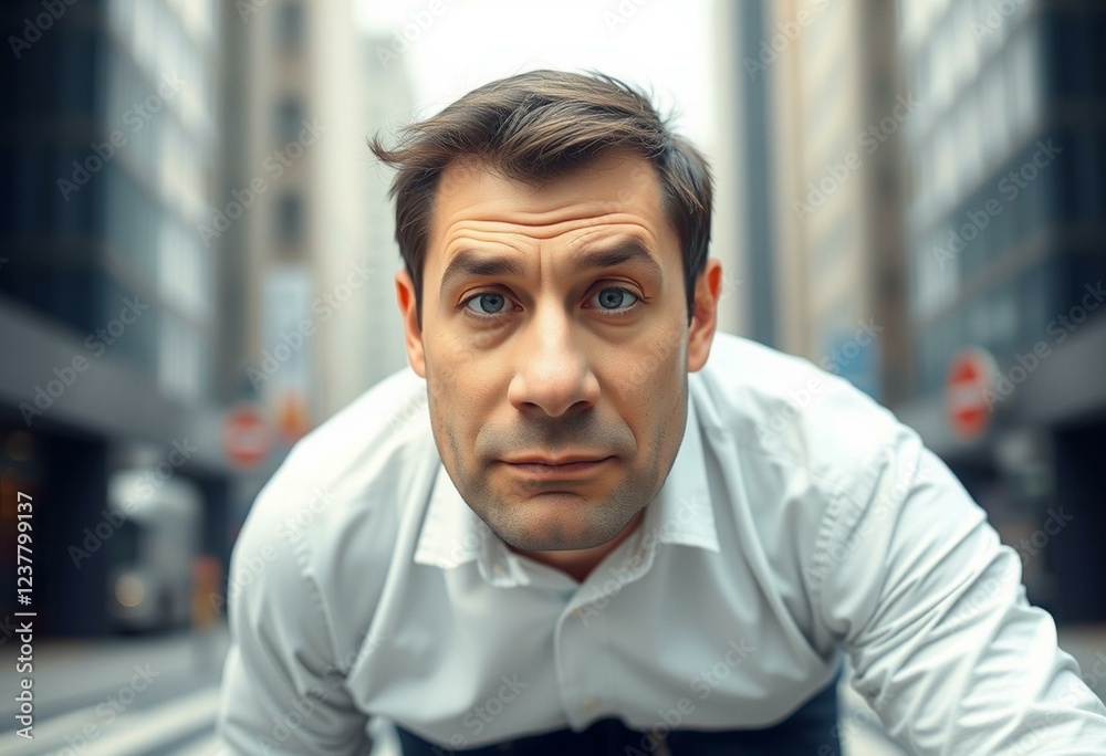 Obraz premium Male portrait with massive nose and urban cityscape background