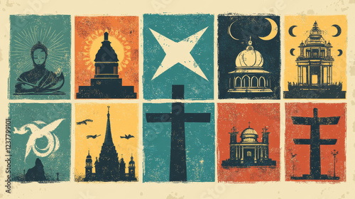 Religions of world, religious symbols and posters, vector retro. Different religions Buddhism, Christian church and Judaism star, Orthodox and Hindu, Muslim Islam mosque and Jewish religion center