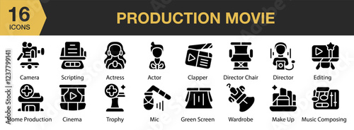 Production Movie solid icon set. Includes studio, director, video, creative, cinematography, and More. Solid icons vector collection.