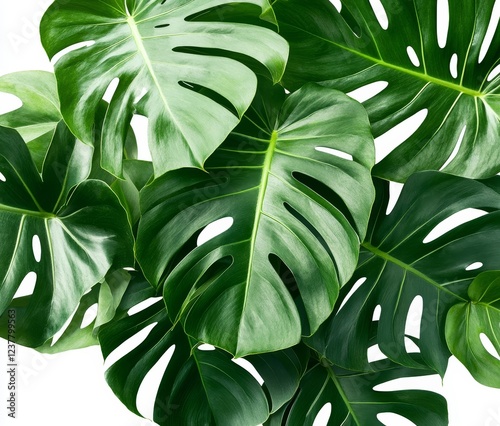 Lush green Monstera leaves, close-up, white background, botanical design