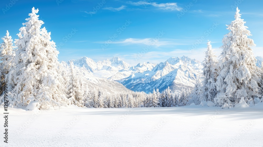 Fototapeta premium Snowy mountain vista winter landscape, postcard scenery