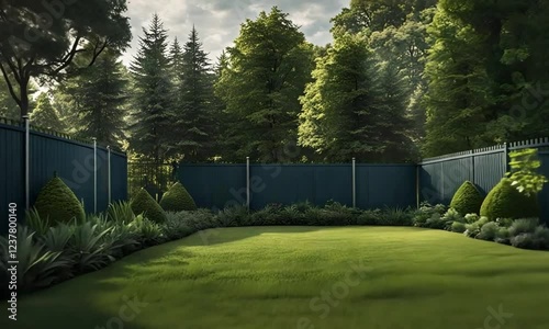 Lush green lawn enclosed by a fence in a wooded area.