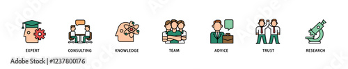 Expertise icon set flow process which consists of expert, consulting, knowledge, team, advice, trust, and research icon live stroke and easy to edit .
