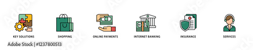 Financial service icon set flow process which consists of key solutions, shopping, online payments, internet banking, insurance and services icon live stroke and easy to edit .