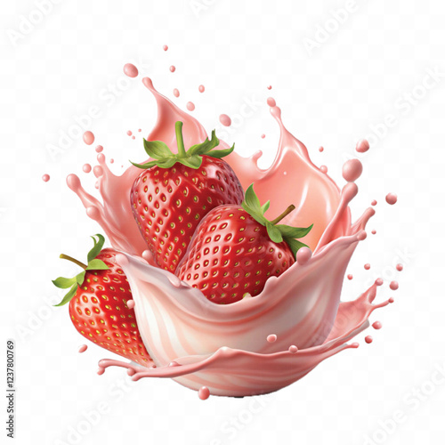 realistic 3d milk or yogurt splash with strawberries isolated on white background