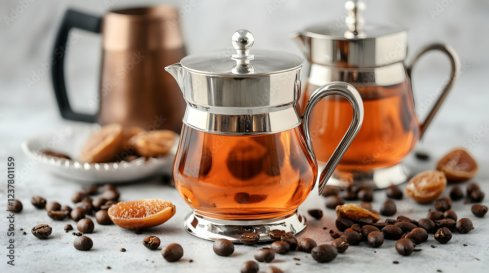 Tea brewing, coffee beans, citrus, kitchen setting, food photography Tea brewing, coffee beans, citrus, kitchen setting, food photography