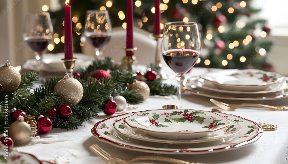 Festive Christmas Dinner Table Setting With Wine Festive Christmas Dinner Table Setting With Wine