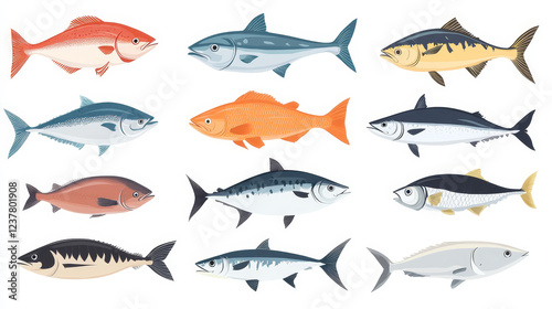 Seafood and fish food posters and banners templates set for fish and sea food market. Vector design of fresh trout, salmon or mackerel and marlin, flounder or tuna and herring sprats with sheatfish