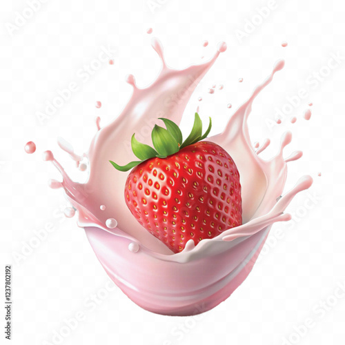 realistic 3d milk or yogurt splash with strawberries isolated on white background