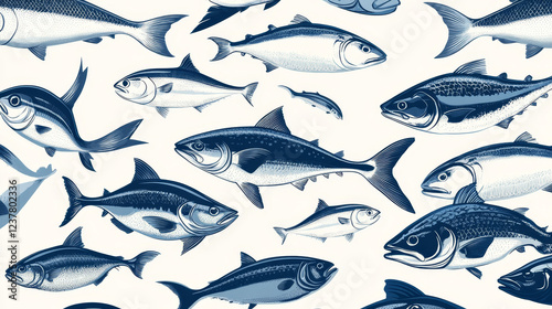 Seafood and fish food posters and banners templates set for fish and sea food market. Vector design of fresh trout, salmon or mackerel and marlin, flounder or tuna and herring sprats with sheatfish