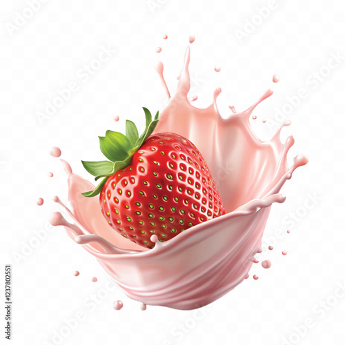 realistic 3d milk or yogurt splash with strawberries isolated on white background
