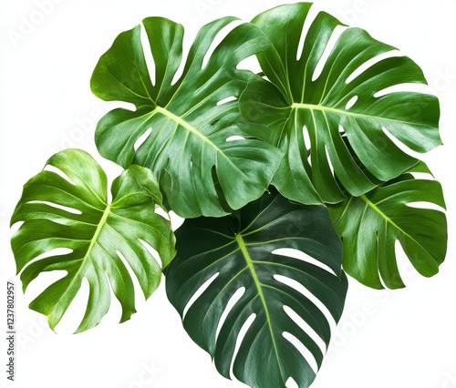 Lush tropical leaves, overhead shot, white background, design element